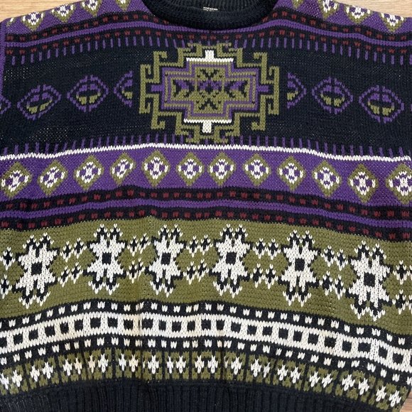 Men’s Todays News Sweater SZ Medium Vintage Purple Black Green Knit - Picture 5 of 9